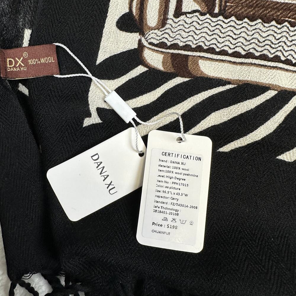 Dana Xu 100% Wool Pashmina Oversized Fringed Shawl Equestrian Roses Zebra 92 in - Picture 7 of 8